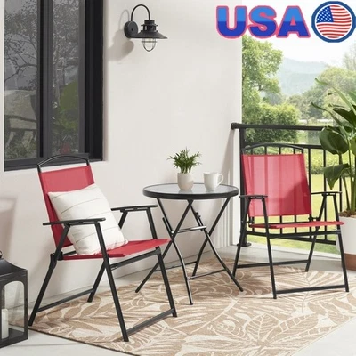3 Piece Outdoor Bistro Set Folding Table & Chairs Rust Resistant Sling Fabric US - Image 1 of 4