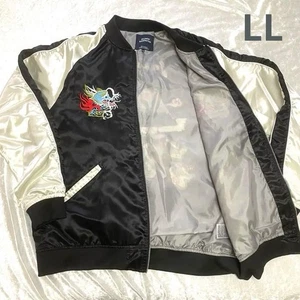 Rare Dragon Fuji Japan Map Souvenir Jacket LL Black White Satin Sukajan - Picture 1 of 9