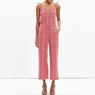 Madewell Biopic Crop Jumpsuit Sz S Red Plaid Sleeveless Summer Boho Linen Blend - Image 1 of 4