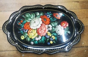 VINTAGE EMAILLE HANDBEMALTES TABLETT, RUSSISCHES VOLKSKUNSTTABLETT, EMAILLE 53 X 33CMS - Bild 1 von 4