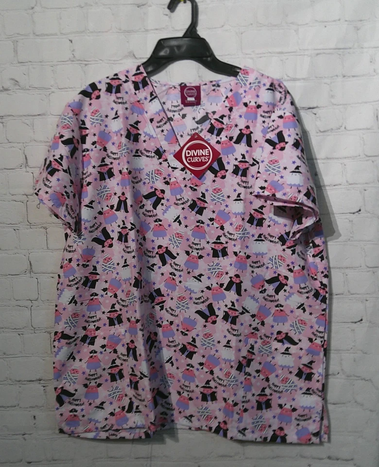 Womens Light Pink Halloween Divine Curves short sleeve Medical Top Plus Size 1X - Image 1 of 4