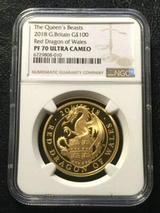 UK 2018 Queen's Beast Red Dragon 100 Pound 1oz Gold Coin NGC PF 70 UC - Picture 1 of 3