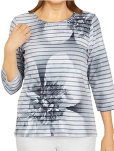 Alfred Dunner Top Damen grau Petite Medium klassische Streifen Blumen Glitzer Kragen - Bild 1 von 13