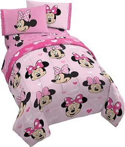 Minnie Mouse Faces Bows Pink White Reversible 7 pc Comforter Set Twin Full Bed - Picture 1 of 9