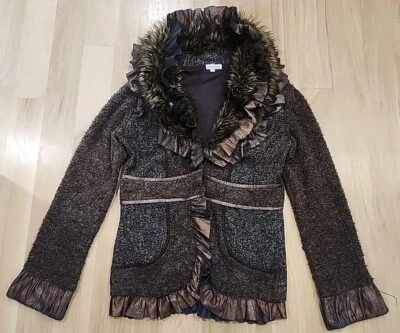 Boston Proper Women’s Dressy Brown Faux Fur Cardigan Wool Blend Size Small Flaw - Image 1 of 4