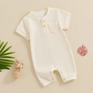 Newborn Baby Boy Girl Clothes Button Solid Short Sleeve Romper Jumpsuit Basic... - Picture 1 of 5