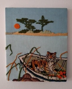Vtg Tiger Cross Stitch Wall Art Hand Made Tiger In Boat On Water - Picture 1 of 9