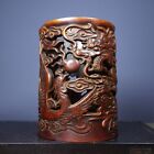 Chinese Old Bamboo Carving Hollow pen container dragon and Phoenix brush pot