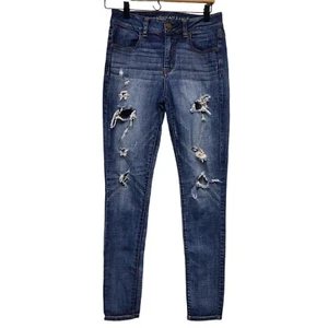 American Eagle Jeans Women Size 4 Dark Wash Stetch High Rise Jegging Distressed - Picture 1 of 10