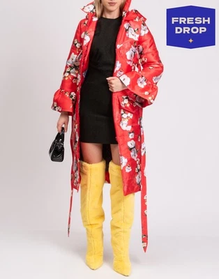 RRP €673 THEBE MAGUGU Oriental Coat Size XS Red Floral Bell Cuffs Belted Hooded - Image 1 of 4