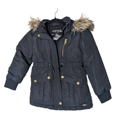 Abrigo de Invierno Justice Girls Negro Talla XS 5/6 Imitación Piel Capucha Parka Chaqueta Cremallera Dorada Foto 1 de 4