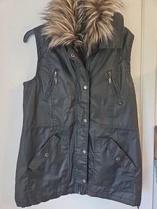 Joujou Women's Full Zip Vest Black Sleeveless WITH FUR COLLAR POCKETS LONG LARGE - Picture 1 of 8