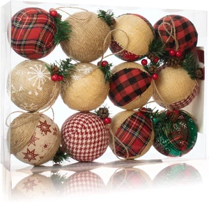 12 piezas adornos de bola de Navidad de arpillera, 3,15 pulgadas rústico búfalo a cuadros Navidad - Imagen 1 de 7