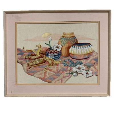Framed Santa FE Still Life Native American Crewel Embroidery 16x12”1348 Complete - Image 1 of 4