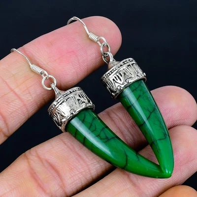Green Onyx 925 Silver Plated Handmade Earrings of 2.56" - Image 1 of 3