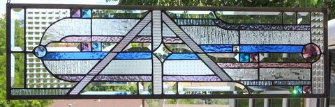 Abstract Stained Glass Transom window hanging 33 5/8 X 10 1/2  incl hooks Cover