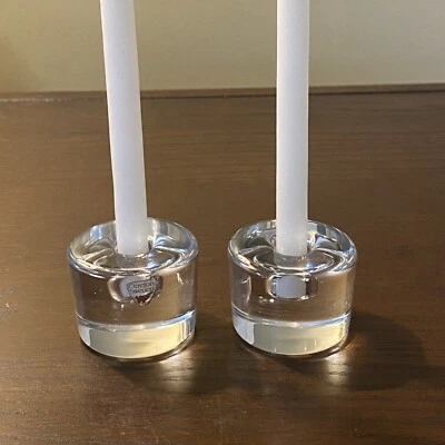 Pair of Orrefors Sweden Small Round 1.5" H Crystal Candle Holders, Candlesticks - Image 1 of 4