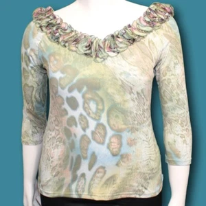 SAMUEL DONG 26322 Green Top Animal Print Off Shoulder Hand Sewn Flower Ruffle L - Bild 1 von 6