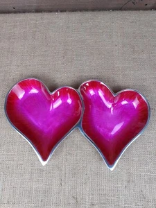 Double Pink Heart shaped enamel polished Aluminium Trinket tray - Picture 1 of 13