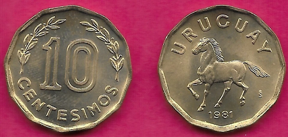 URUGUAY 10 CENTESIMOS 1981 UNC HORSE LEFT,VALUE FLANKED BY OLIVE SPRIGS,MEDAL RO - Image 1 of 1