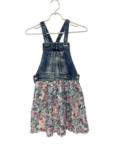 Jordache Casual Denim Jean Dress Girl M Blue Jumper Overalls Floral Front Pocket - Picture 1 of 6