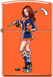 Hockey Mädchen Pin Up - orange matt Reißverschluss Feuerzeug - Neu im Karton - Bild 1 von 3