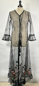 Robe Kimono Duster Sheer Black Floral Embroidery - Wedding Festival Boho Evening - Picture 1 of 8