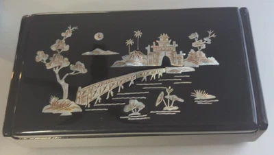 Black Lacquer Jewelry Box MOP Inlay Vietnam Mother Of Pearl 1976 Abalone - Image 1 of 4