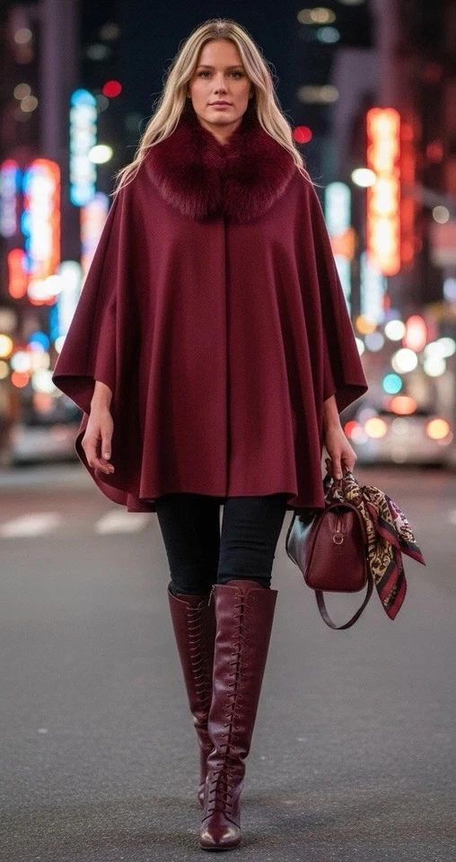 Cuello de solapa genuino 100 % piel de zorro forrado en borgoña en terciopelo negro. Foto 1 de 4