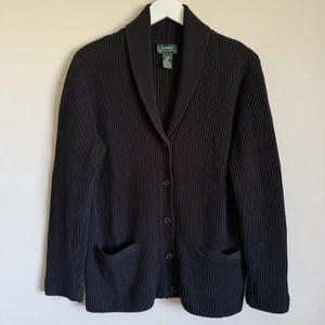 Lauren Ralph Lauren Women’s Ribbed Heavy Black Cardigan Button Down Cotton L - Picture 1 of 7