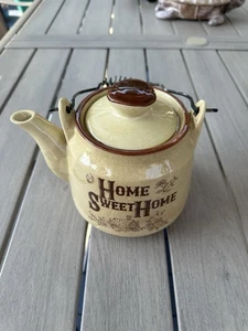 VINTAGE HOME SWEET HOME BROWN TEAPOT MADE IN JAPAN WIRE SPIRAL HANDLE - Picture 1 of 10