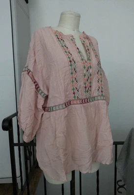 Blusa Camisa Top Campesina Boho Diseño Geométrico Azteca Naranja Melocotón Lucky Brand 1X Foto 1 de 4