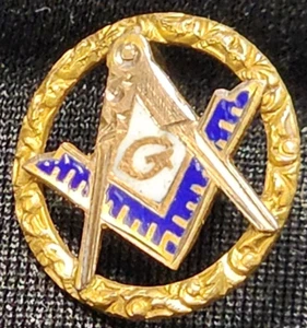 Masonic Screw Back Lapel Pin, Gold w/Blue & White Color Accent, Vintage - Picture 1 of 7