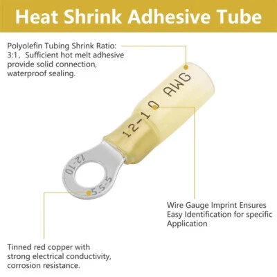 12-10 AWG US Waterproof Crimp Wire Connectors Heat Shrink Ring Terminals - Image 1 of 4