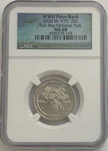 2020 W SALT RIVER BAY NATIONAL PARK NGC MS68 V75 WWII PRIVY QUARTER 25c WW2 - Picture 1 of 3