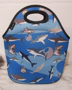 Blue w Shark Neoprene Zip Lunch Bag Box Tote Picnic Bag Insulated Cooler Travel - Picture 1 of 8