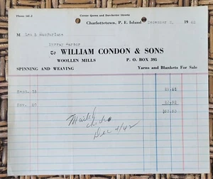 1942 Billhead Prince Edward Island Charlottetown William Condon Woolen Mills - Picture 1 of 3