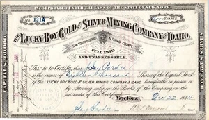THE LUCKY BOY GOLD AND SILVER MINING CO OF IDAHO.......1884 STOCK CERTIFICATE - Picture 1 of 1