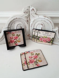 6er-Set Untersetzer Rosen Glasuntersetzer Melamin Landhaus Shabby Chic - Bild 1 von 3