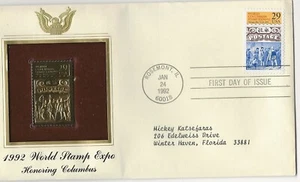 1992 World Stamp Expo  22K Gold Replica. Honoring COLUMBUS First Day of Issue. - Picture 1 of 1