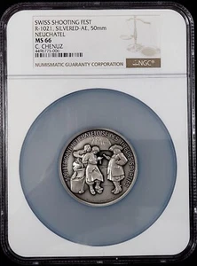 Swiss Shooting Fest Medal, R-1021, Silvered-AE, 50 mm, Neuchatel, NGC MS 66! - Picture 1 of 7