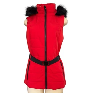 Michael Kors Red Belted Full Zip Vest Removable Faux Fur Trim Quilted Gilet S - Picture 1 of 18
