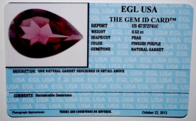 EGL USA CERTIFIED NATURAL GARNET PEAR SHAPE PINKISH PURPLE 0.52 CT GEMSTONE - Image 1 of 4
