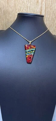 Stunning 24” Dichroic Pendant Necklace Amber, Gold ,Blue Glass Fusion - Image 1 of 4