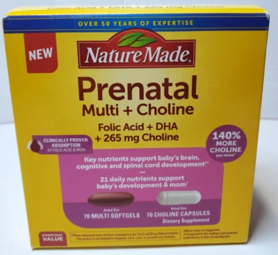 Ácido fólico multicolina prenatal hecho en la naturaleza DHA 70 + 70 unidades ~ caducidad febrero 2026 Foto 1 de 4