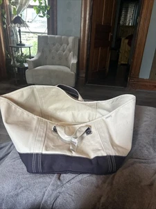 Lands' End Large Cotton Canvas Tote Storage Bag Neutral Navy - Picture 1 of 8