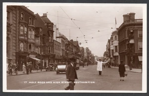 Postcard Southampton Hampshire tram motor car Holy Rood and High Street RP - Foto 1 di 2
