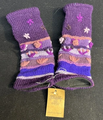 Guantes sin dedos forrados de lana polar tejidos a mano morados NUEVO hechos en Nepal mensajes de texto Foto 1 de 4