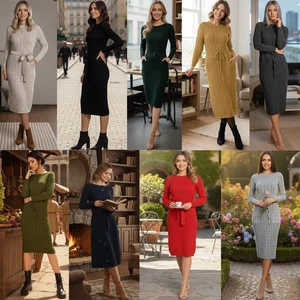 Vestido midi de invierno de manga larga con bolsillo tejido con cable para mujer - Imagen 1 de 55