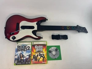 Xbox 360 Guitar Hero/Rock Band GH 5 RED Wireless Guitar Bundle 3 Games Tested - Picture 1 of 10